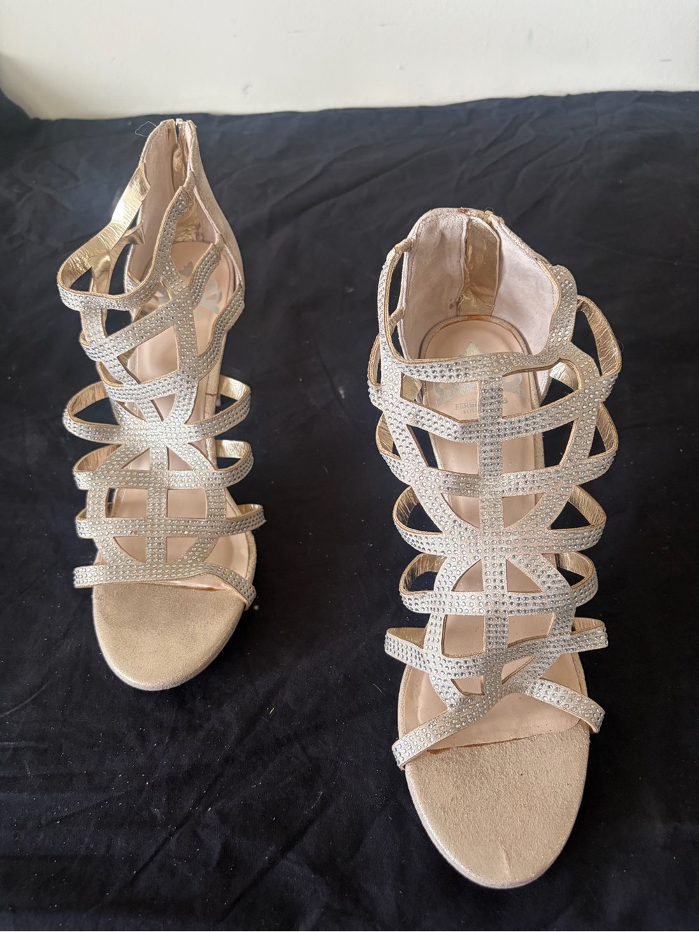 Fergalicious Hiram Gold Caged Rhinestone Heels Size 10